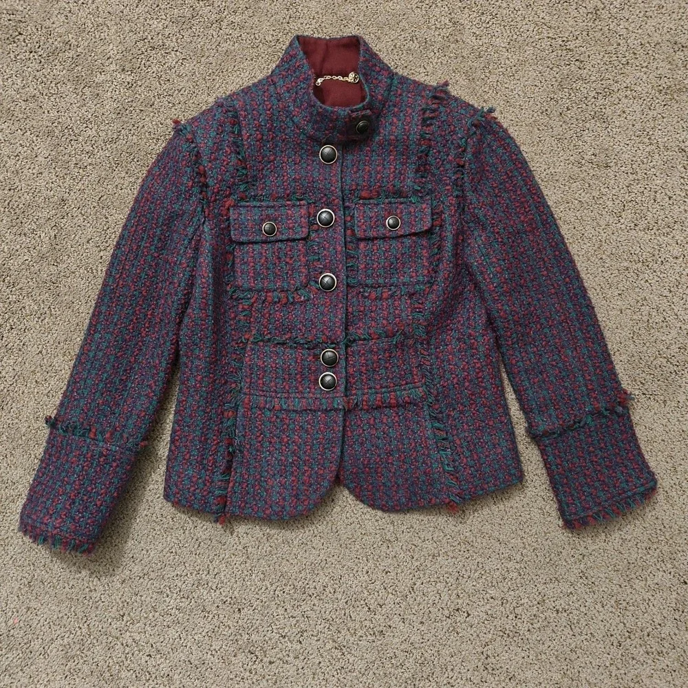 Tory Burch Burgundy Teal Tweed Frayed Trim Military Jacket Size‎ 4 Logo Buttons